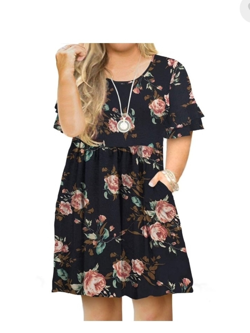 Floral Ruffle Sleeve Babydoll Dress in Black with Pink Roses